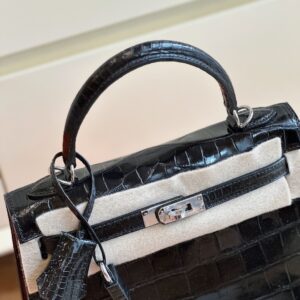 Hermes Kelly 28 Black Genuine Crocodile Leather Palladium Hardware