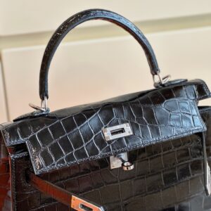 Hermes Kelly 28 Black Genuine Crocodile Leather Palladium Hardware