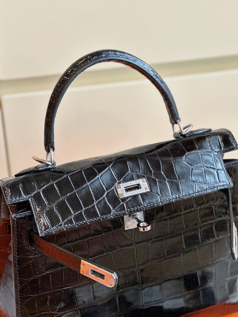 Hermes Kelly 28 Black Genuine Crocodile Leather Palladium Hardware