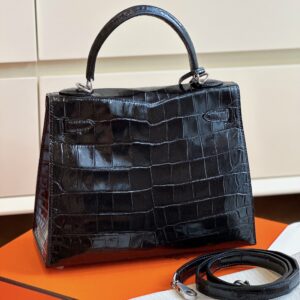 Hermes Kelly 28 Black Genuine Crocodile Leather Palladium Hardware