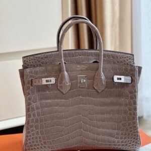 Hermes Etoupe Birkin 25 Porosus Genuine Crocodile Leather Palladium Hardware
