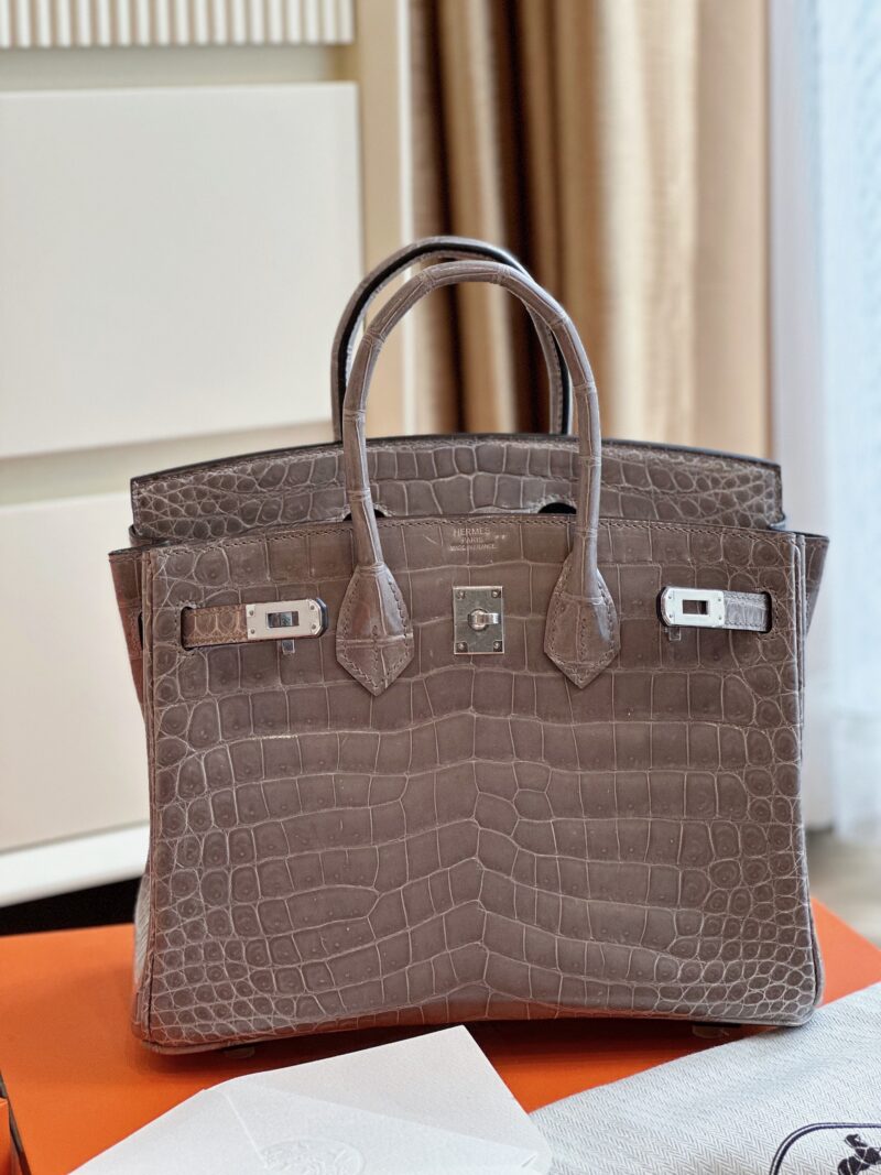 Hermes Etoupe Birkin 25 Porosus Genuine Crocodile Leather Palladium Hardware