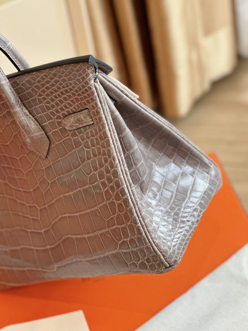 Hermes Etoupe Birkin 25 Porosus Genuine Crocodile Leather Palladium Hardware
