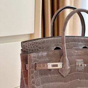 Hermes Etoupe Birkin 25 Porosus Genuine Crocodile Leather Palladium Hardware