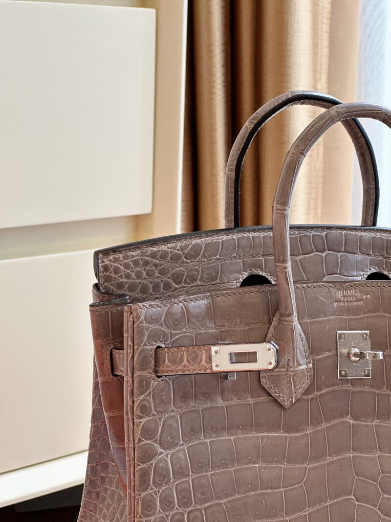 Hermes Etoupe Birkin 25 Porosus Genuine Crocodile Leather Palladium Hardware