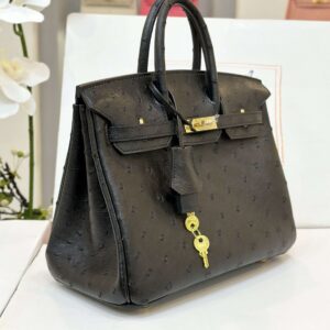 Hermes Birkin 25 Black Ostrich Leather Gold Hardware