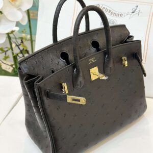 Hermes Birkin 25 Black Ostrich Leather Gold Hardware