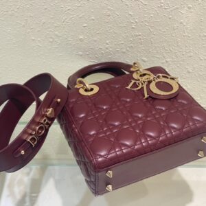 Dior Lady ABC High-end Women’s Handbag, Dark Red, Soft Leather 20cm
