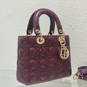 Dior Lady ABC High-end Women’s Handbag, Dark Red, Soft Leather 20cm