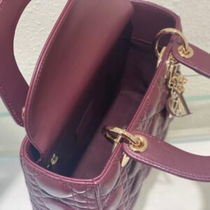 Dior Lady ABC High-end Women’s Handbag, Dark Red, Soft Leather 20cm