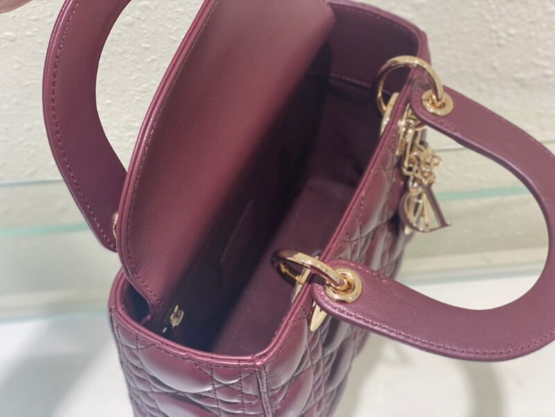 Dior Lady ABC High-end Women’s Handbag, Dark Red, Soft Leather 20cm