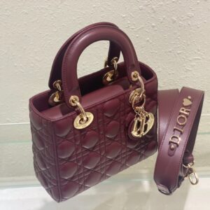 Dior Lady ABC High-end Women’s Handbag, Dark Red, Soft Leather 20cm