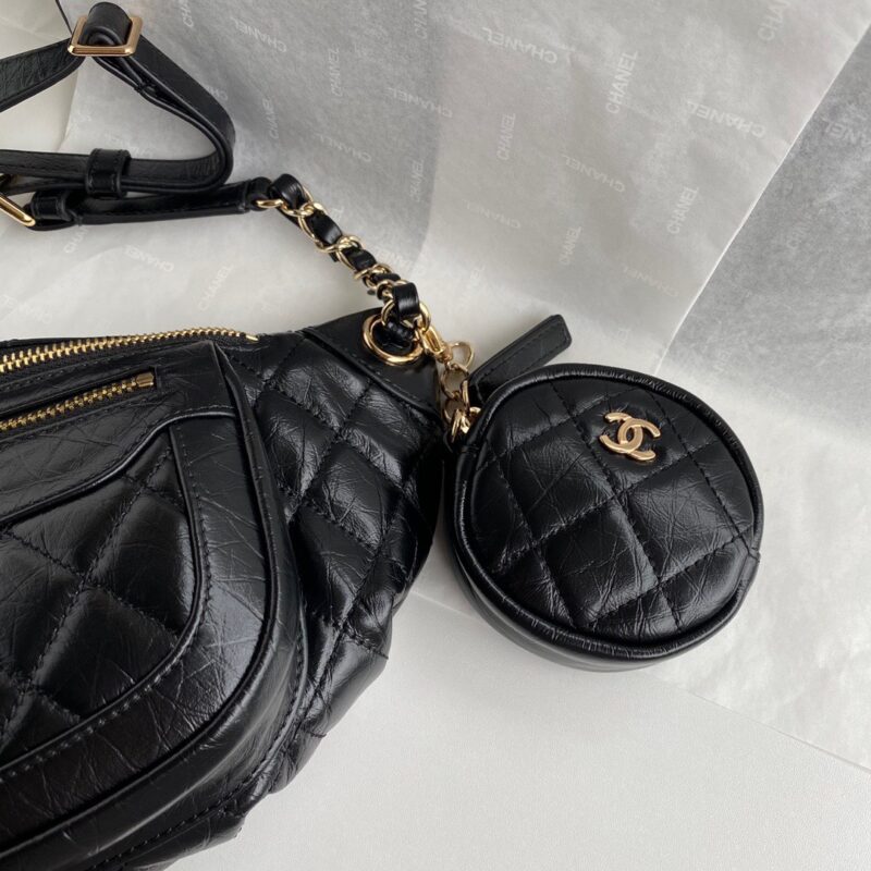 Chanel Bumbag Black Wrinkled Leather Lock Gold Handbags 34x15x6cm
