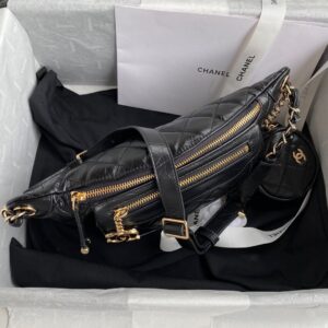 Chanel Bumbag Black Wrinkled Leather Lock Gold Handbags 34x15x6cm