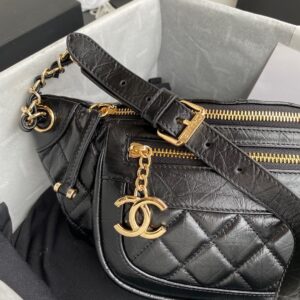 Chanel Bumbag Black Wrinkled Leather Lock Gold Handbags 34x15x6cm