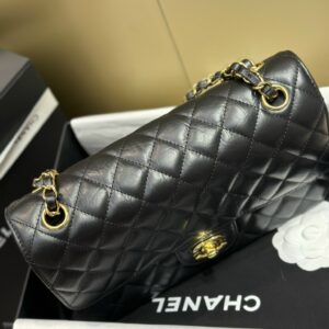 Chanel Classic Lock Gold With Black Wrinkled Skin Like Auth Handbags 25cm