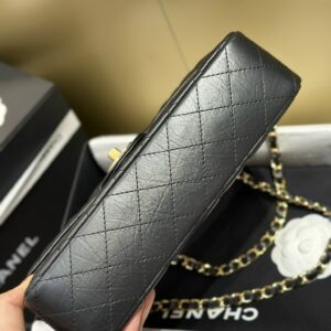 Chanel Classic Lock Gold With Black Wrinkled Skin Like Auth Handbags 25cm