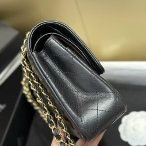 Chanel Classic Lock Gold With Black Wrinkled Skin Like Auth Handbags 25cm