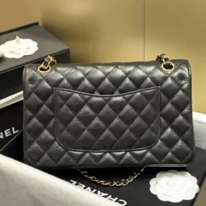 Chanel Classic Lock Gold With Black Wrinkled Skin Like Auth Handbags 25cm