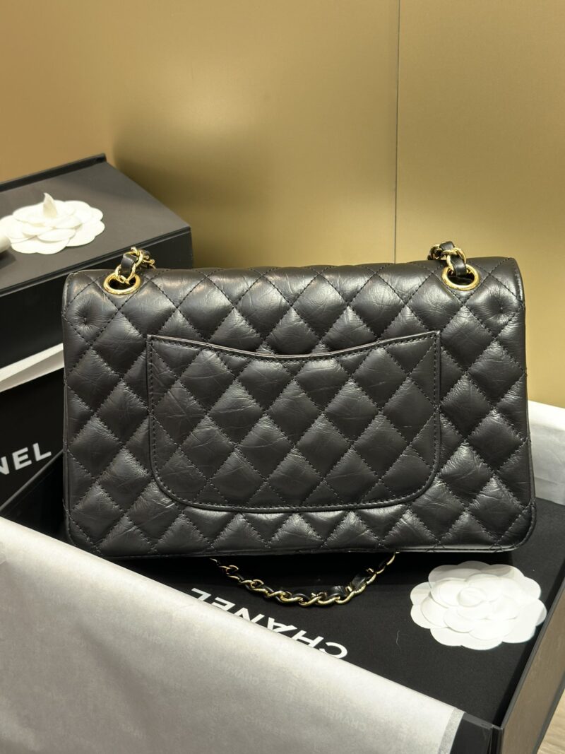 Chanel Classic Lock Gold With Black Wrinkled Skin Like Auth Handbags 25cm