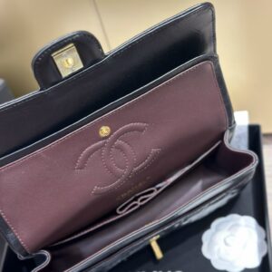 Chanel Classic Lock Gold With Black Wrinkled Skin Like Auth Handbags 25cm