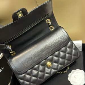 Chanel Classic Lock Gold With Black Wrinkled Skin Like Auth Handbags 25cm