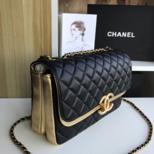Chanel Woman’s Like Auth Handbags Black Mix Yellow Leather 25cm