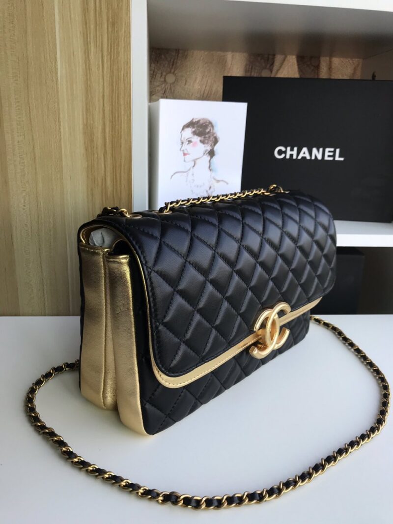 Chanel Woman’s Like Auth Handbags Black Mix Yellow Leather 25cm