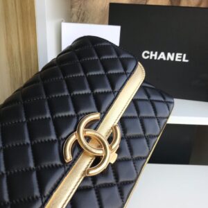 Chanel Woman’s Like Auth Handbags Black Mix Yellow Leather 25cm