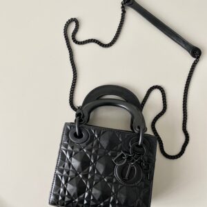 Dior Lady Matte Like Auth Women’s Handbag Black Diamond Pattern 17cm