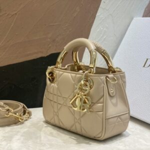 Dior Lady Women’s Handbag Beige Super Smooth Leather 20x13x8cm