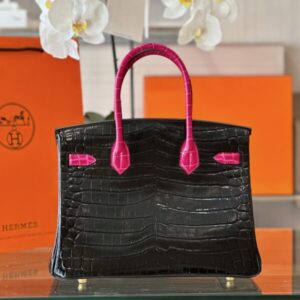 Hermes Birkin 30 Black/Pink Genuine Crocodile Leather – Custom Made