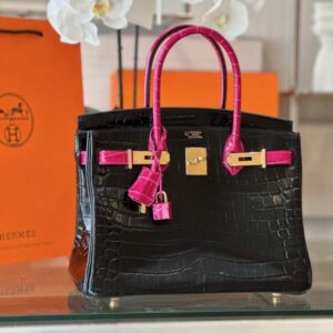 Hermes Birkin 30 Black/Pink Genuine Crocodile Leather – Custom Made