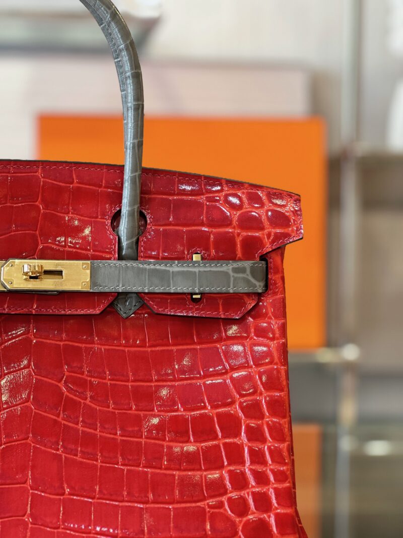 Hermes Birkin 30 Red/Liam Blue Genuine Crocodile Leather Gold Hardware. – Custom Made