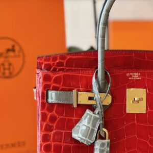 Hermes Birkin 30 Red/Liam Blue Genuine Crocodile Leather Gold Hardware. – Custom Made