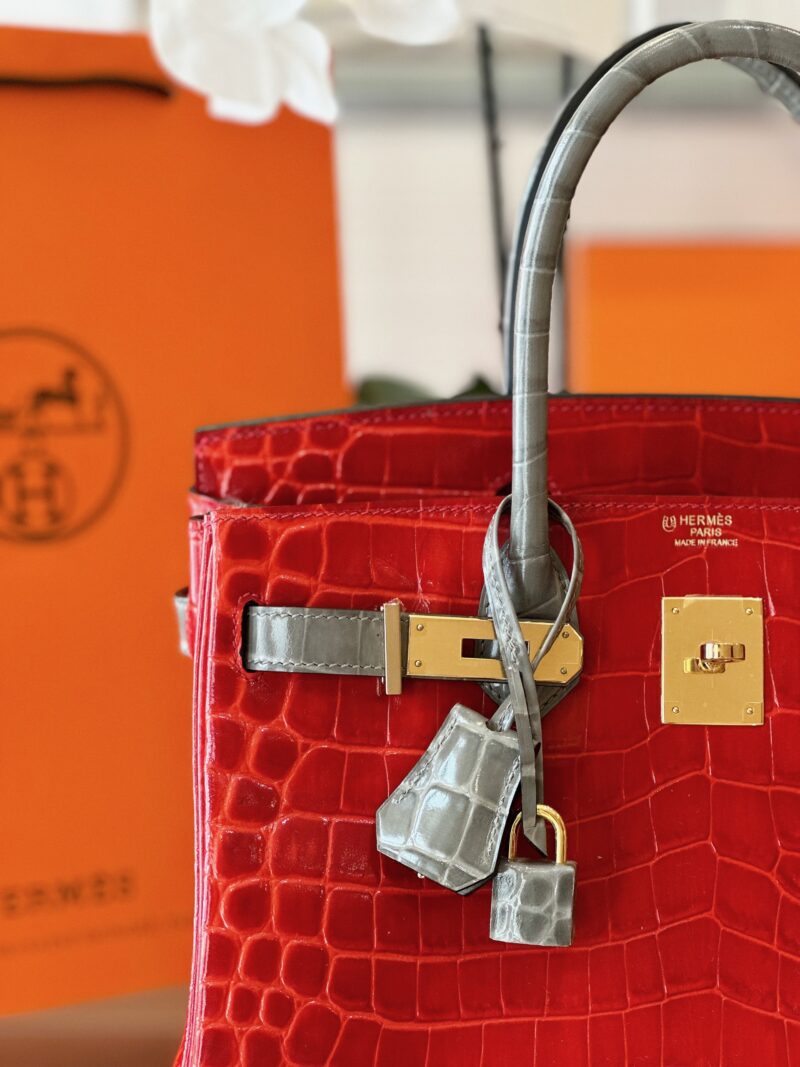 Hermes Birkin 30 Red/Liam Blue Genuine Crocodile Leather Gold Hardware. – Custom Made