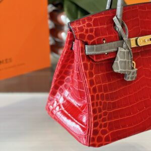 Hermes Birkin 30 Red/Liam Blue Genuine Crocodile Leather Gold Hardware. – Custom Made