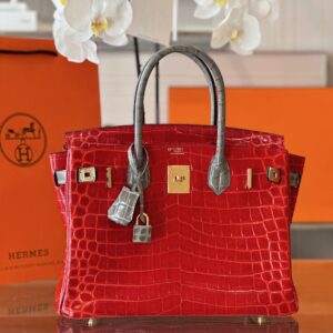 Hermes Birkin 30 Red/Liam Blue Genuine Crocodile Leather Gold Hardware. – Custom Made