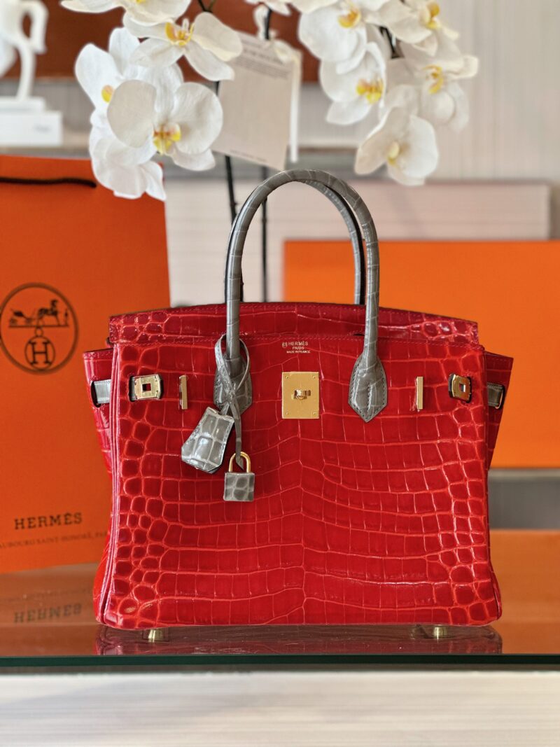 Hermes Birkin 30 Red/Liam Blue Genuine Crocodile Leather Gold Hardware. – Custom Made