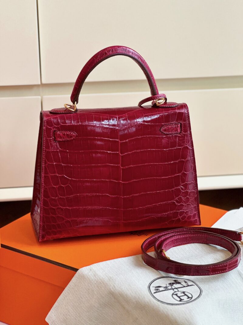 Hermes Kelly 25 Red Genuine Crocodile Leather With Gold Hardare