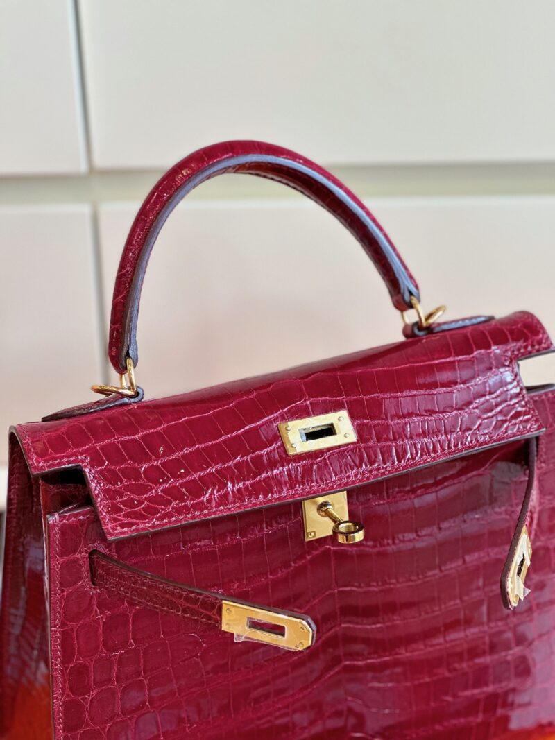 Hermes Kelly 25 Red Genuine Crocodile Leather With Gold Hardare