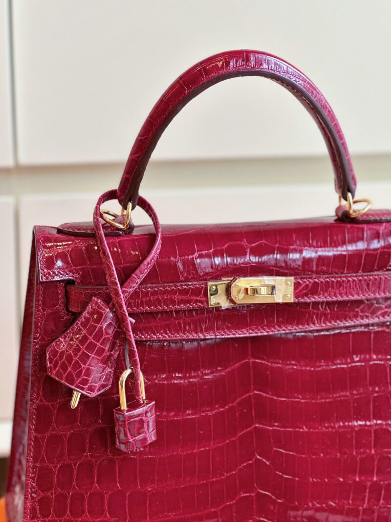 Hermes Kelly 25 Red Genuine Crocodile Leather With Gold Hardare