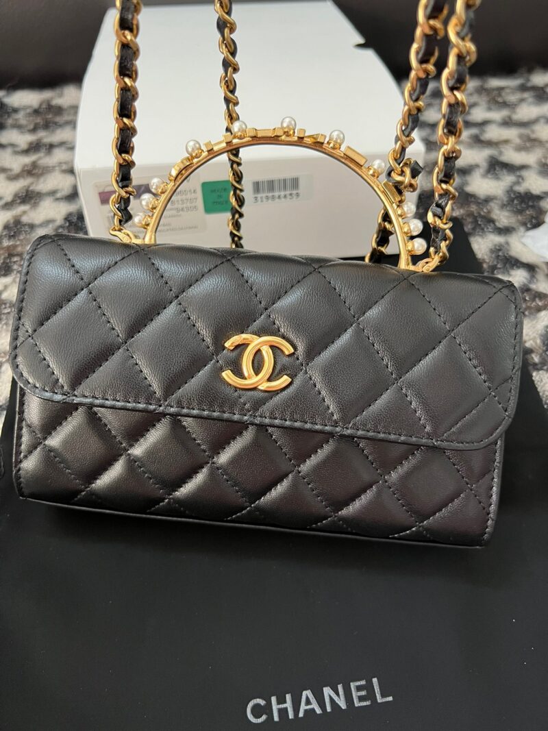 Chanel Woc Black Handbags Pearl Handle Plated Lock Gold 19cm