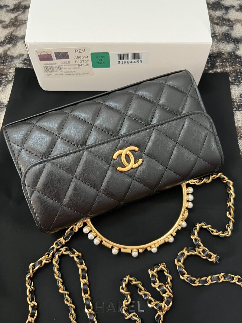 Chanel Woc Black Handbags Pearl Handle Plated Lock Gold 19cm