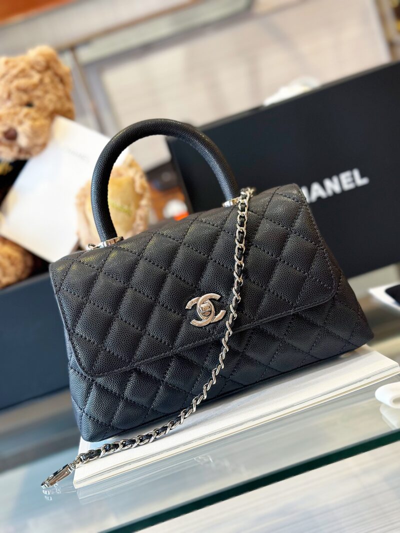 Chanel Coco Handbag Leather Black With Silver Lock 23cm