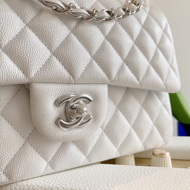 Chanel Classic Handbags Lizard Skin White With Silver Lock 25cm