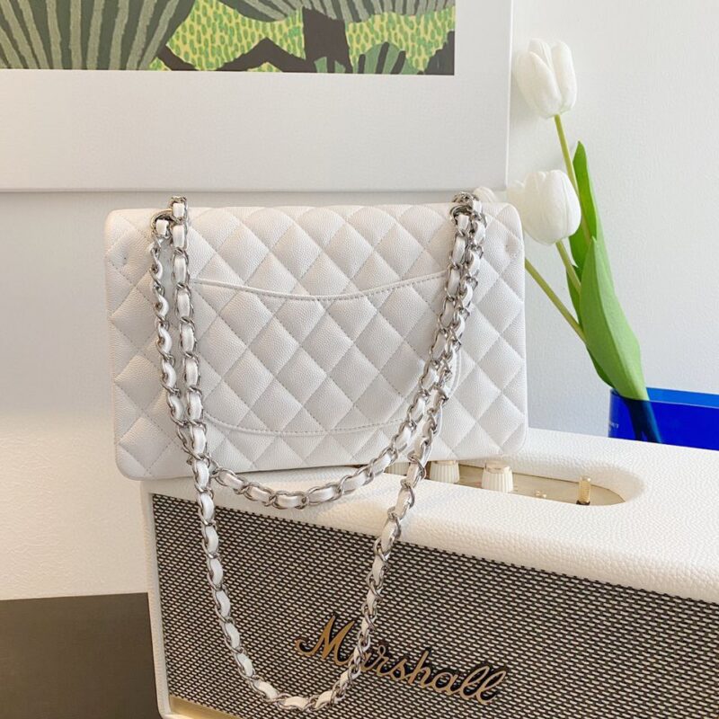 Chanel Classic Handbags Lizard Skin White With Silver Lock 25cm