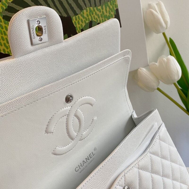 Chanel Classic Handbags Lizard Skin White With Silver Lock 25cm