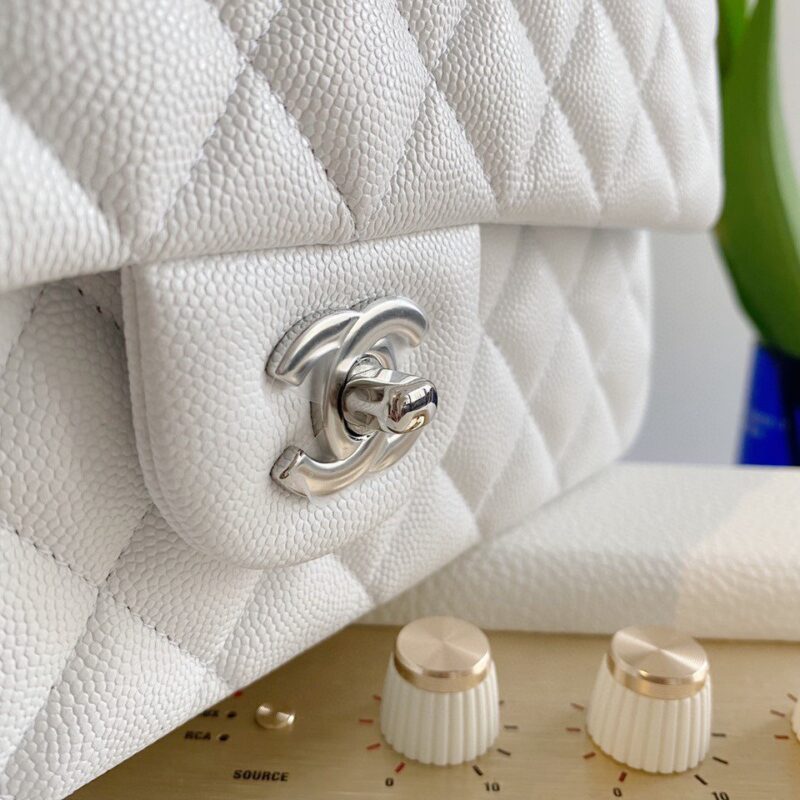 Chanel Classic Handbags Lizard Skin White With Silver Lock 25cm