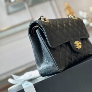 Chanel Classic Handbags With Lock Gold Black Leather 23cm